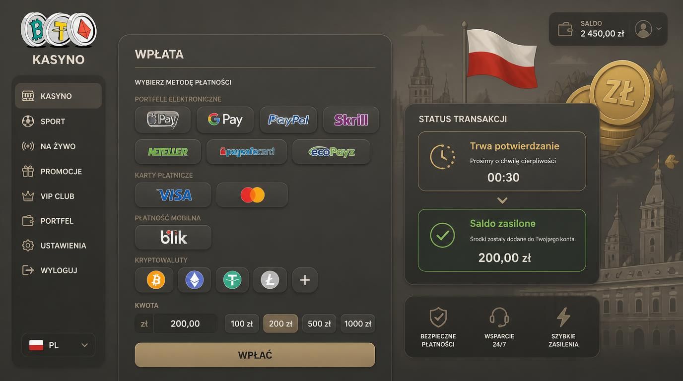 interfejs wpłat z ikonami metod płatności i statusem Trwa potwierdzanie