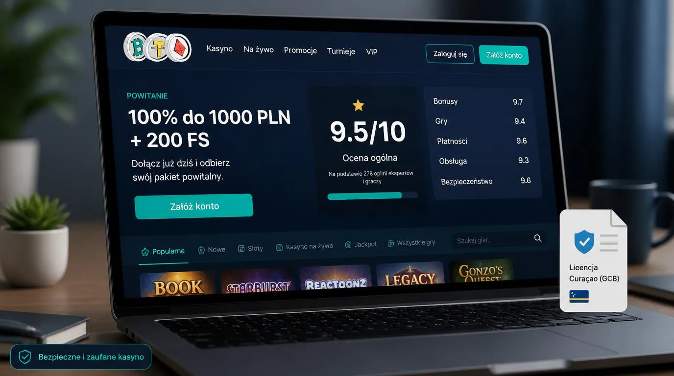 Ekran kasyna z oceną 9,5/10, ofertą 100% do 1000 PLN i 200 FS oraz przyciskiem kasy