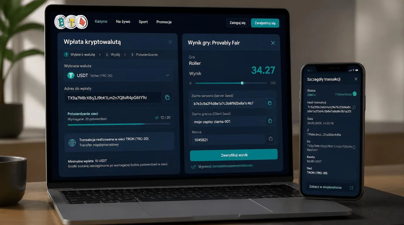 Ekran płatności kryptowalutowej i panel weryfikacji wyniku gry provably fair