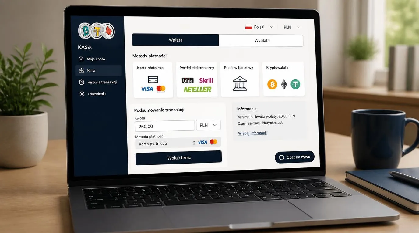 Panel kasy kasyna z wybraną walutą PLN, metodami płatności i przyciskiem czatu