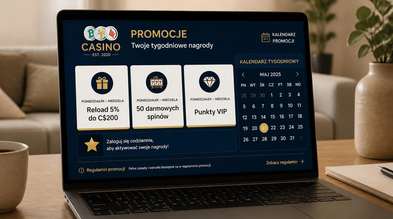 Panel promocji z tygodniowym bonusem reload, darmowymi spinami i punktami VIP